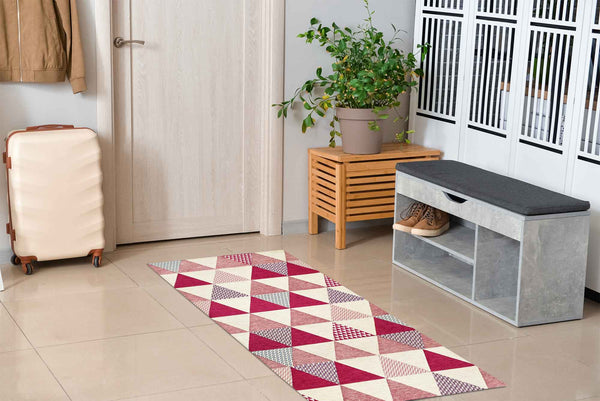 Tappeto Arredo Moderno Sala Cucina Camera Passatoia Antiscivolo in Ciniglia Made in italy Cotone Triangoli Fucsia