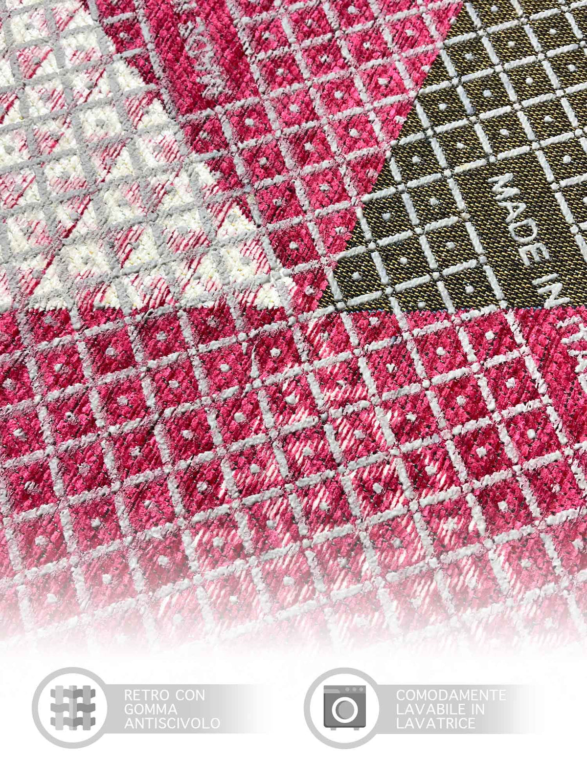 Tappeto Arredo Moderno Sala Cucina Camera Passatoia Antiscivolo in Ciniglia Made in italy Cotone Triangoli Fucsia