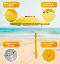 Ombrellone Da Spiaggia Grande Antivento 2.20 Metri Portatile Struttura In Acciaio A 8 Stecche Pieghevole Reclinabile Regolabile Altezza Puntale A Vite Resistente Uv