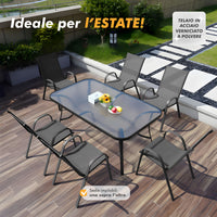 Set Tavolo Sedie Da Giardino 7 Pezzi, Tavolo Da Pranzo Terrazzo In Metallo Piano In Vetro Con Foro Ombrellone 6 Sedia Da Esterno Impilabili Con Schienale Alto,Veranda