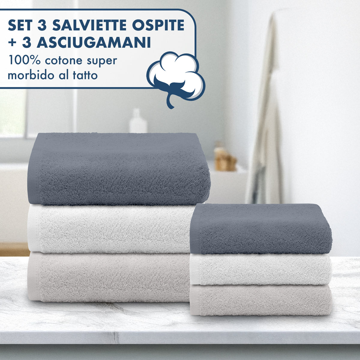 Asciugamani Bagno 100% Spugna Puro Cotone 450 Gr 6 Pezzi 3 Salvietta Viso 3 Asciugamano Ospite Mani Qualità Salviette Super Morbide Bicolore