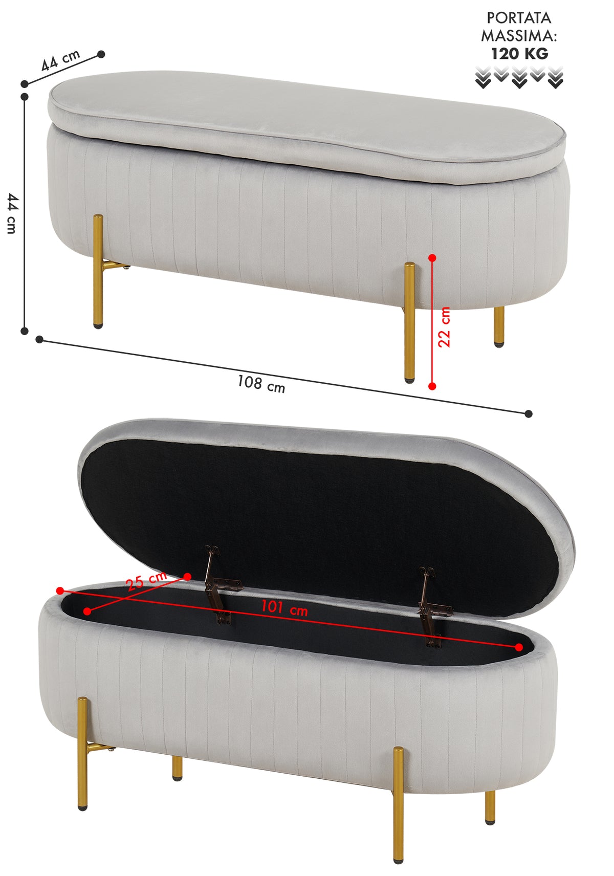 Panca Imbottita Divanetto In Velluto Contenitore Pouf Grande XXL PortaOggetti  Panca Sgabello A Pie Di Letto Con Gambe In Metallo Dorato Cassapanca Ingresso Legno Massello Panchina