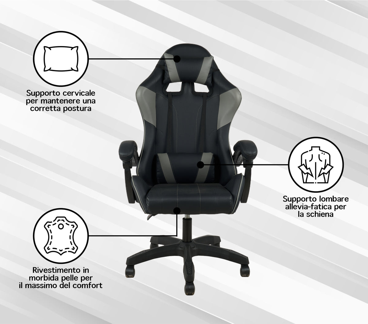 Sedia Gaming Professionale SimilPelle Reclinabile Con Braccioli Poltrona Ufficio Regolabile in Altezza Pistone Gas,Cuscino Poggiatesta E Lombare Gamer