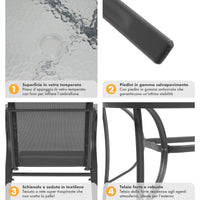 Set Tavolo Sedie Da Giardino 7 Pezzi, Tavolo Da Pranzo Terrazzo In Metallo Piano In Vetro Con Foro Ombrellone 6 Sedia Da Esterno Impilabili Con Schienale Alto,Veranda