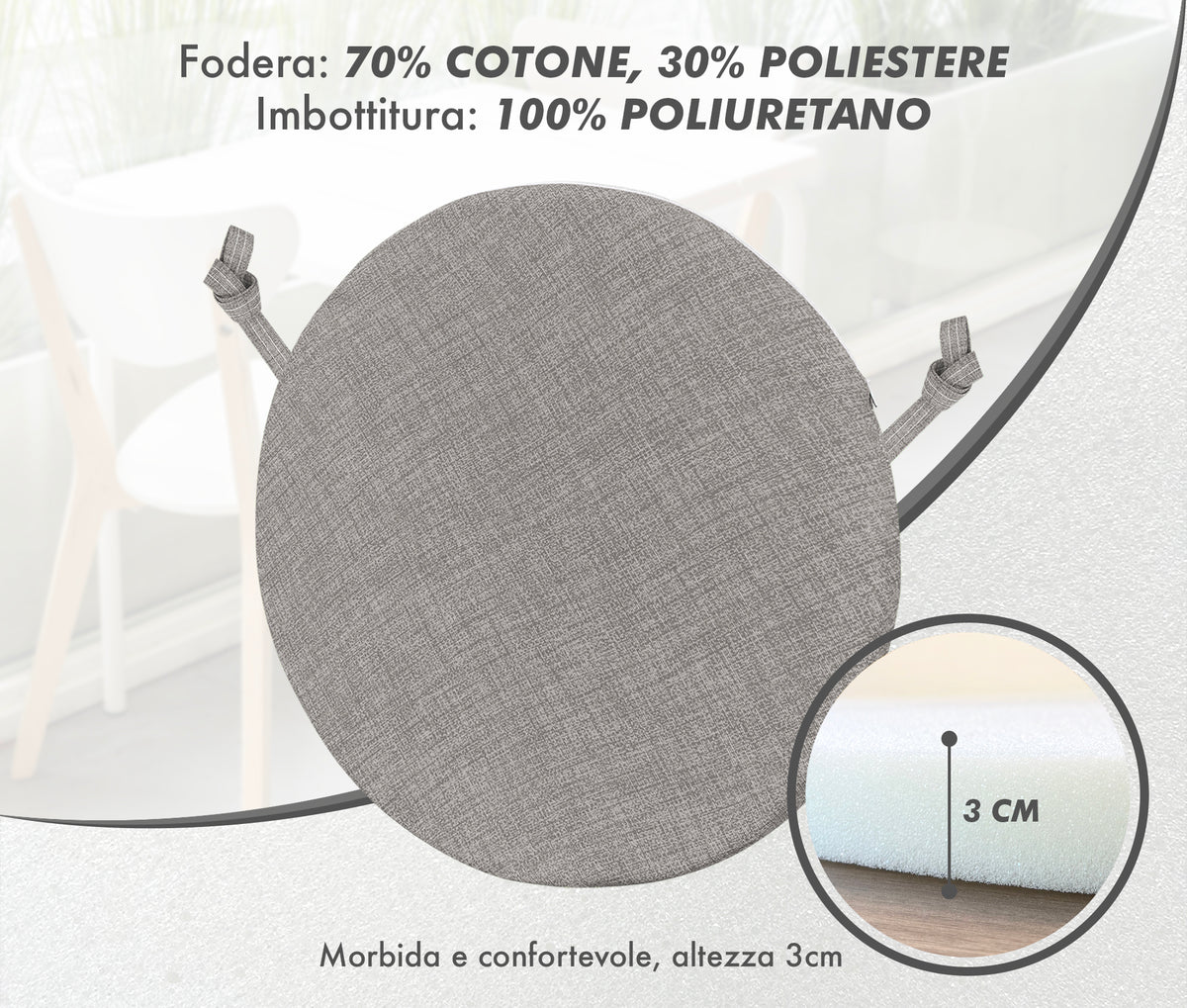 Cuscini Rotondi Per Sedie Cucina Imbottiti Sfoderabili Con Cerniera Cuscino Rotondo Ø 40 Cm Sedia Tavolo Lavabile In Lavatrice Con Lacci Per Fissaggio Prodotto Italiano Comodi
