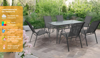 Set Tavolo Sedie Da Giardino 7 Pezzi, Tavolo Da Pranzo Terrazzo In Metallo Piano In Vetro Con Foro Ombrellone 6 Sedia Da Esterno Impilabili Con Schienale Alto,Veranda