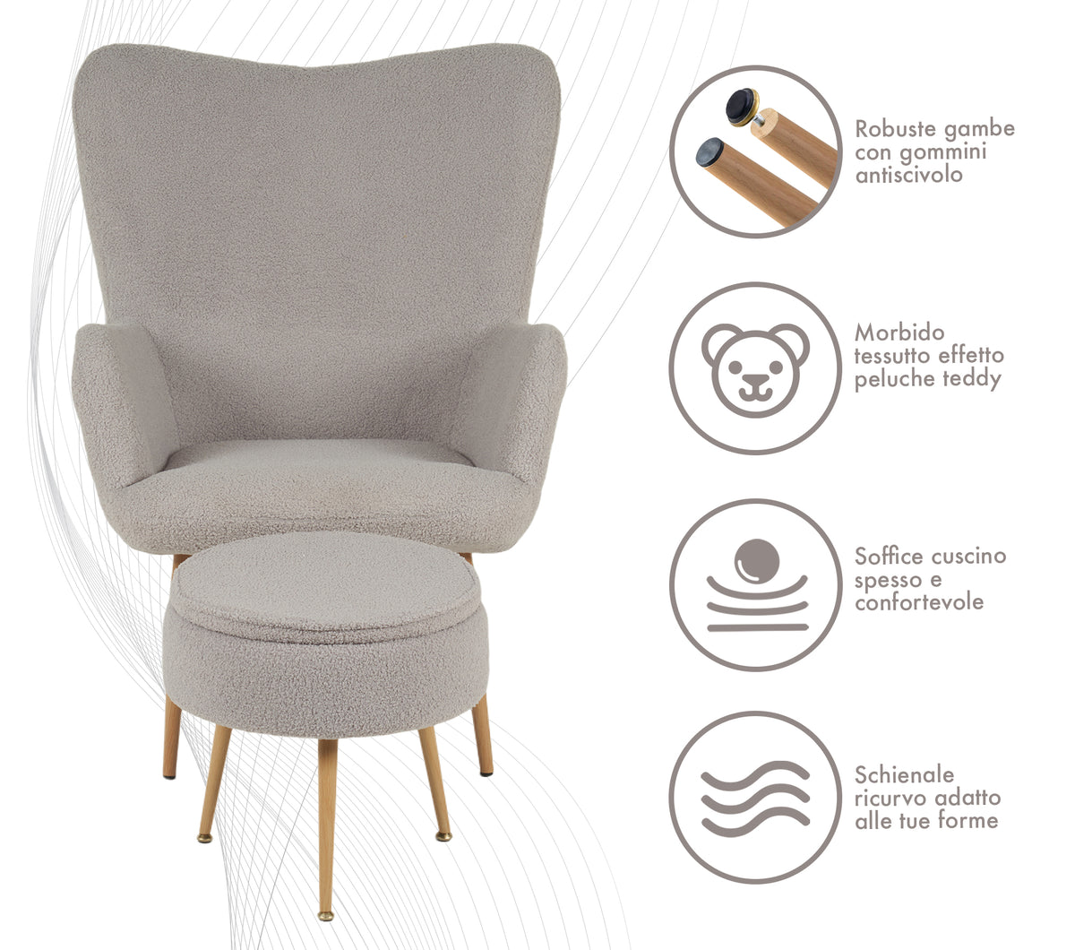 Poltrona Imbottita Ergonomica Con Schienale E Braccioli Con Poggiapiedi Contenitore Camera Da Letto Salotto Moderna Pouf Sedia Effetto Teddy Morbida