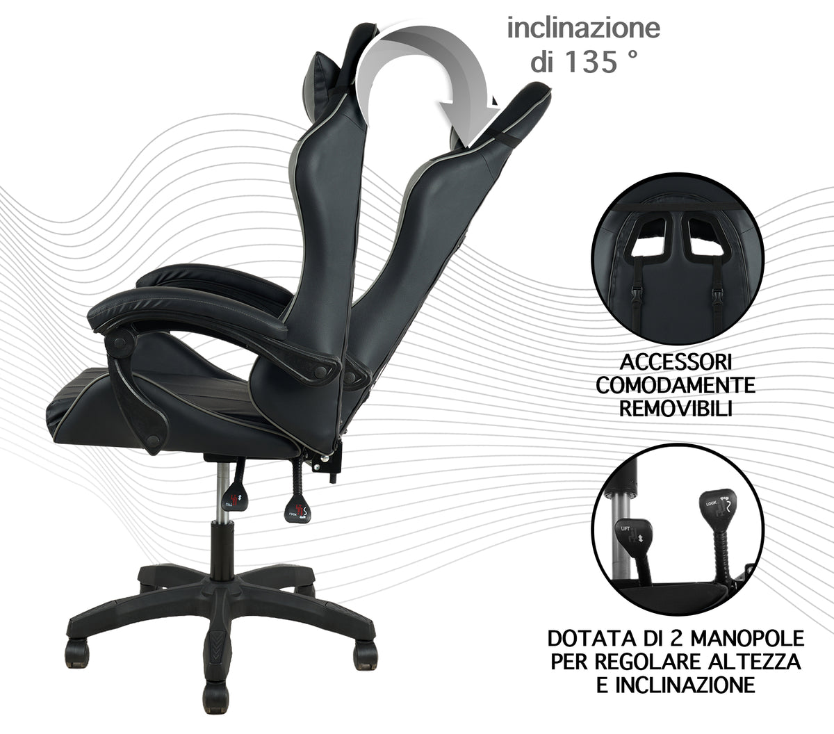 Sedia Gaming Professionale SimilPelle Reclinabile Con Braccioli Poltrona Ufficio Regolabile in Altezza Pistone Gas,Cuscino Poggiatesta E Lombare Gamer