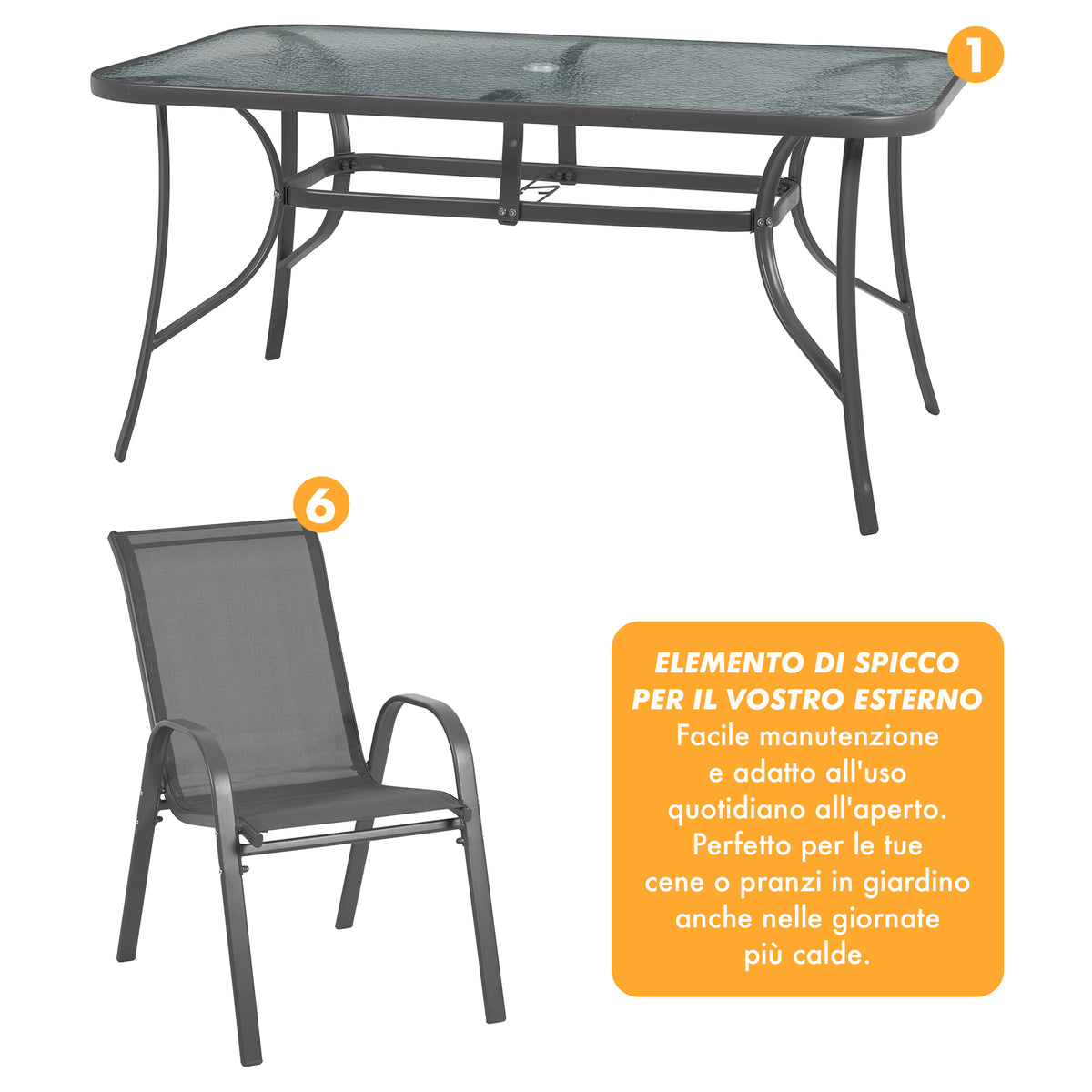 Set Tavolo Sedie Da Giardino 7 Pezzi, Tavolo Da Pranzo Terrazzo In Metallo Piano In Vetro Con Foro Ombrellone 6 Sedia Da Esterno Impilabili Con Schienale Alto,Veranda