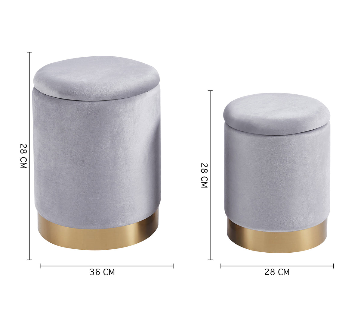 Set Di 2 Pouf Contenitori In Velluto Design Moderno Poggiapiedi,Sgabello Tondo con Coperchio Rimovibile e Seduta Imbottita Alta Densità Con Fascia In Metallo Contenitore Capiente Storage Box