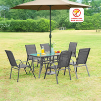 Set Tavolo Sedie Da Giardino 7 Pezzi, Tavolo Da Pranzo Terrazzo In Metallo Piano In Vetro Con Foro Ombrellone 6 Sedia Da Esterno Impilabili Con Schienale Alto,Veranda