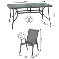Set Tavolo Sedie Da Giardino 7 Pezzi, Tavolo Da Pranzo Terrazzo In Metallo Piano In Vetro Con Foro Ombrellone 6 Sedia Da Esterno Impilabili Con Schienale Alto,Veranda