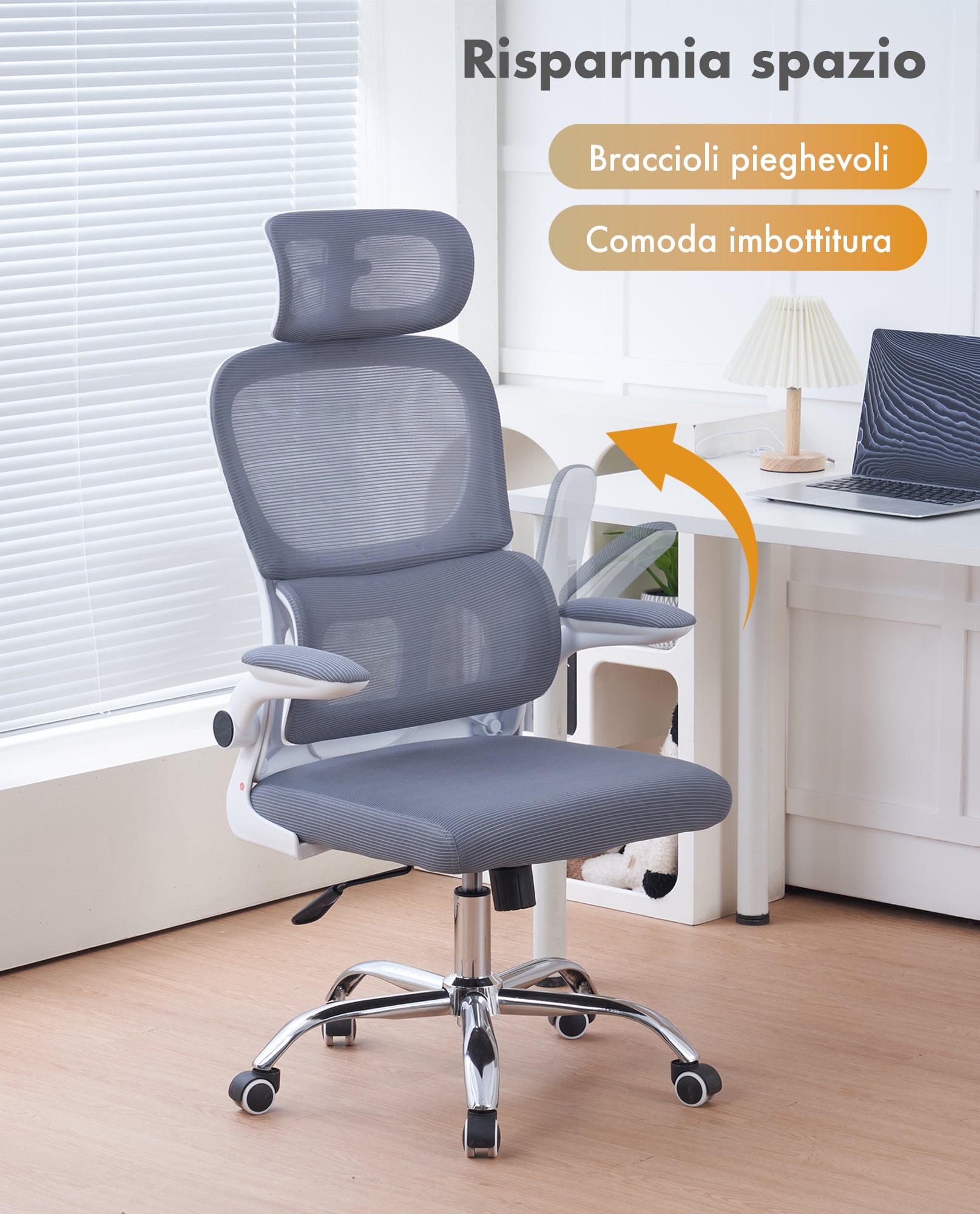 Sedia Ufficio Ergonomica Con Supporto Lombare - Portata 180kg - Doppio Cuscino Morbido E Braccioli Regolabili - Grigio