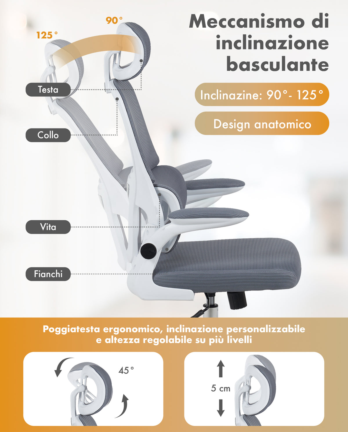 Sedia Da Ufficio Professionale Ergonomica Rete Traspirante Supporto Lombare Adattivo Poltrona Direzionale Poggiatesta Regolabile Braccioli Ribaltabili  Fino 150 Kg