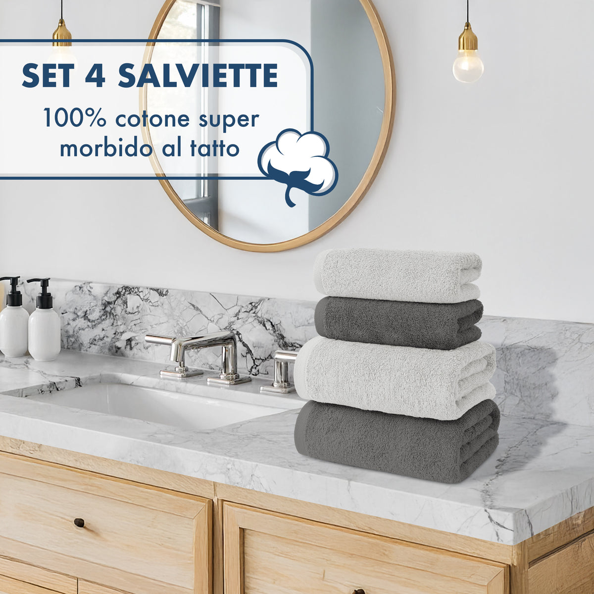 Asciugamani Bagno 100% Spugna Puro Cotone 500 Gr 4 Pezzi 2 Salvietta Viso 2 Asciugamano Ospite Mani Qualità Certificato Oeko-Tex Salviette Super Morbide Bicolore
