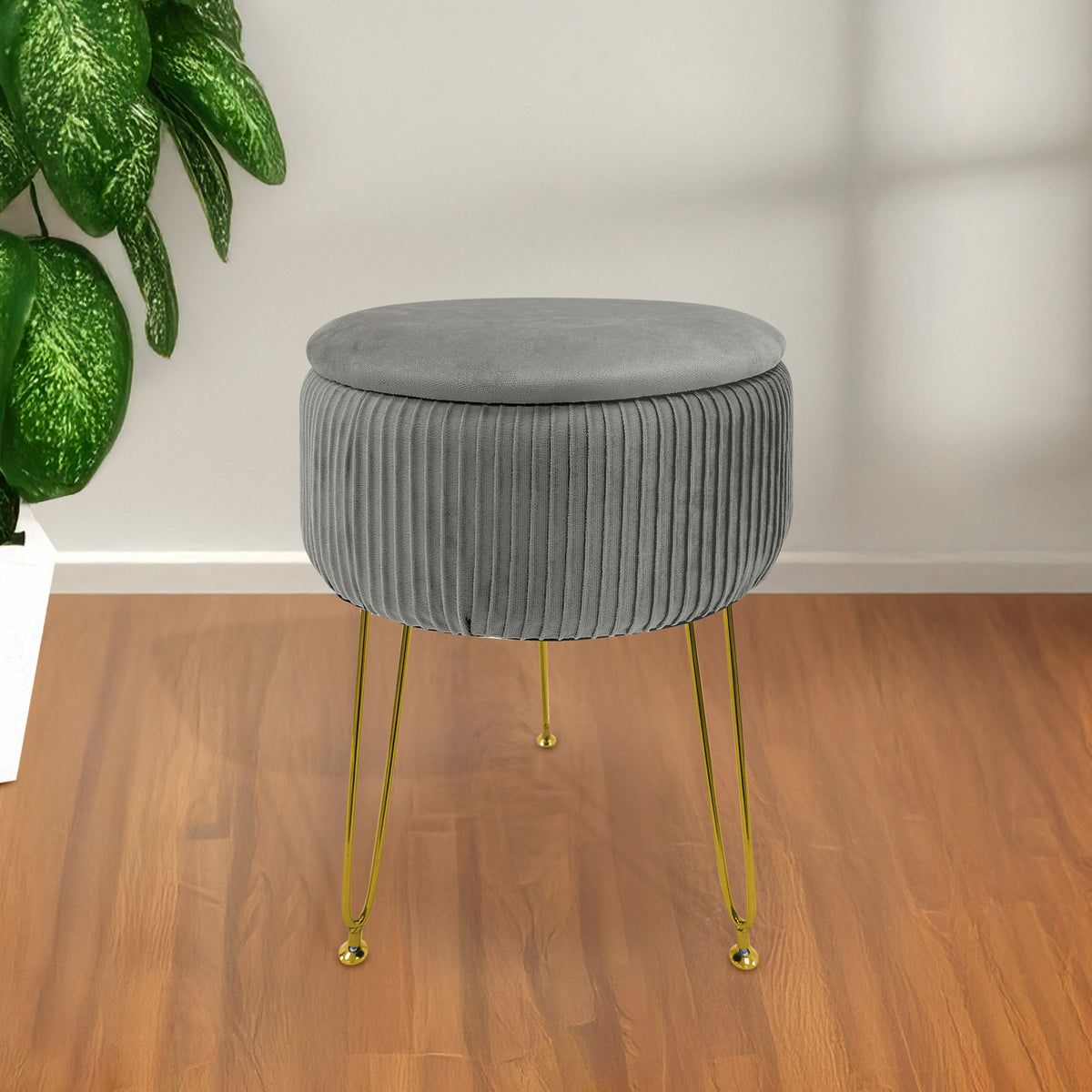 Pouf Rotondo In Velluto Con Contenitore Portaoggetti Sgabello Toeletta Trucco Tavolino Caffè Ripiano Legno Salotto Poggiapiedi Con Gambe Color Oro