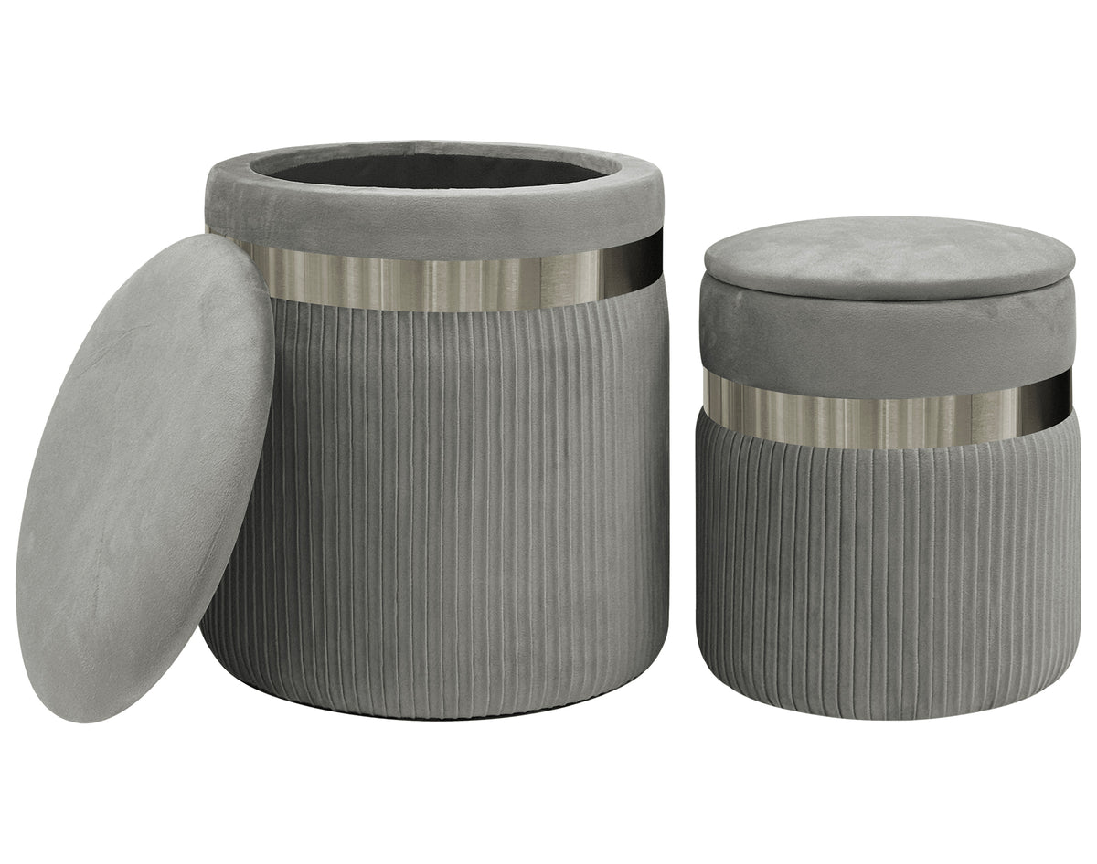 Set Di 2 Pouf Contenitori In Velluto Design Moderno Poggiapiedi,Sgabello Tondo con Coperchio Rimovibile e Seduta Imbottita Alta Densità Con Fascia In Metallo Contenitore Capiente Storage Box