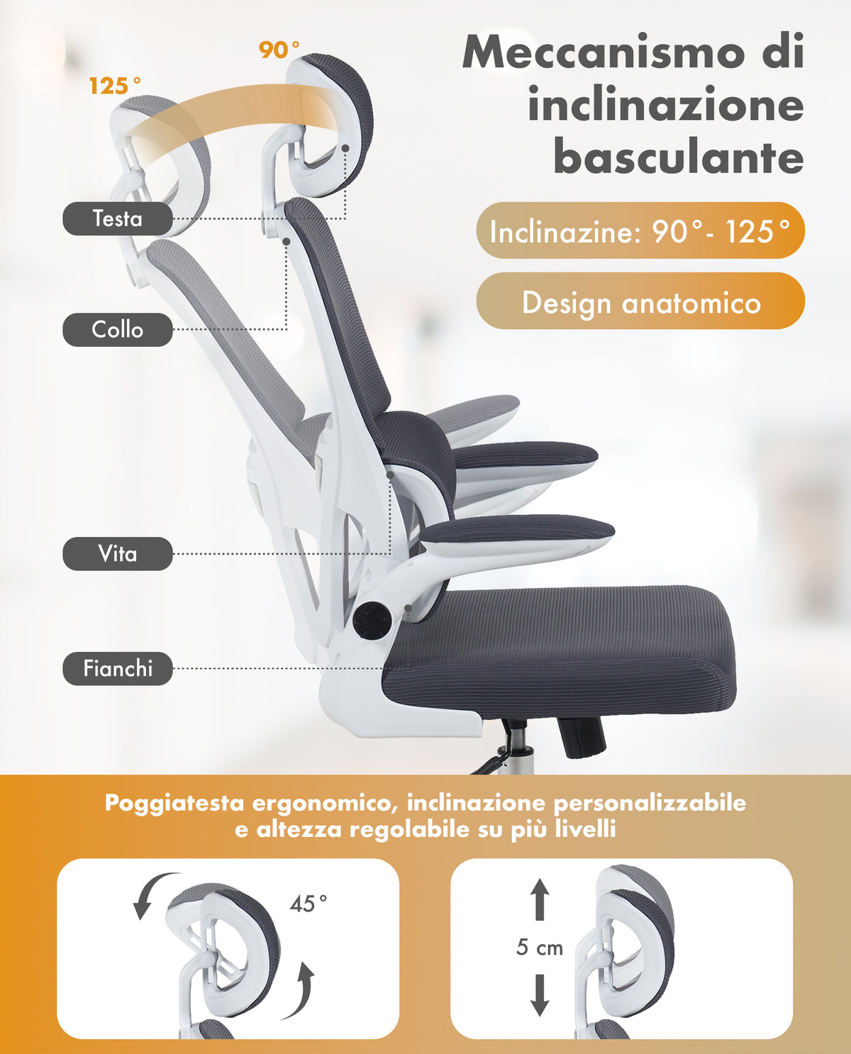Sedia Da Ufficio Professionale Ergonomica Rete Traspirante Supporto Lombare Adattivo Poltrona Direzionale Poggiatesta Regolabile Braccioli Ribaltabili  Fino 150 Kg