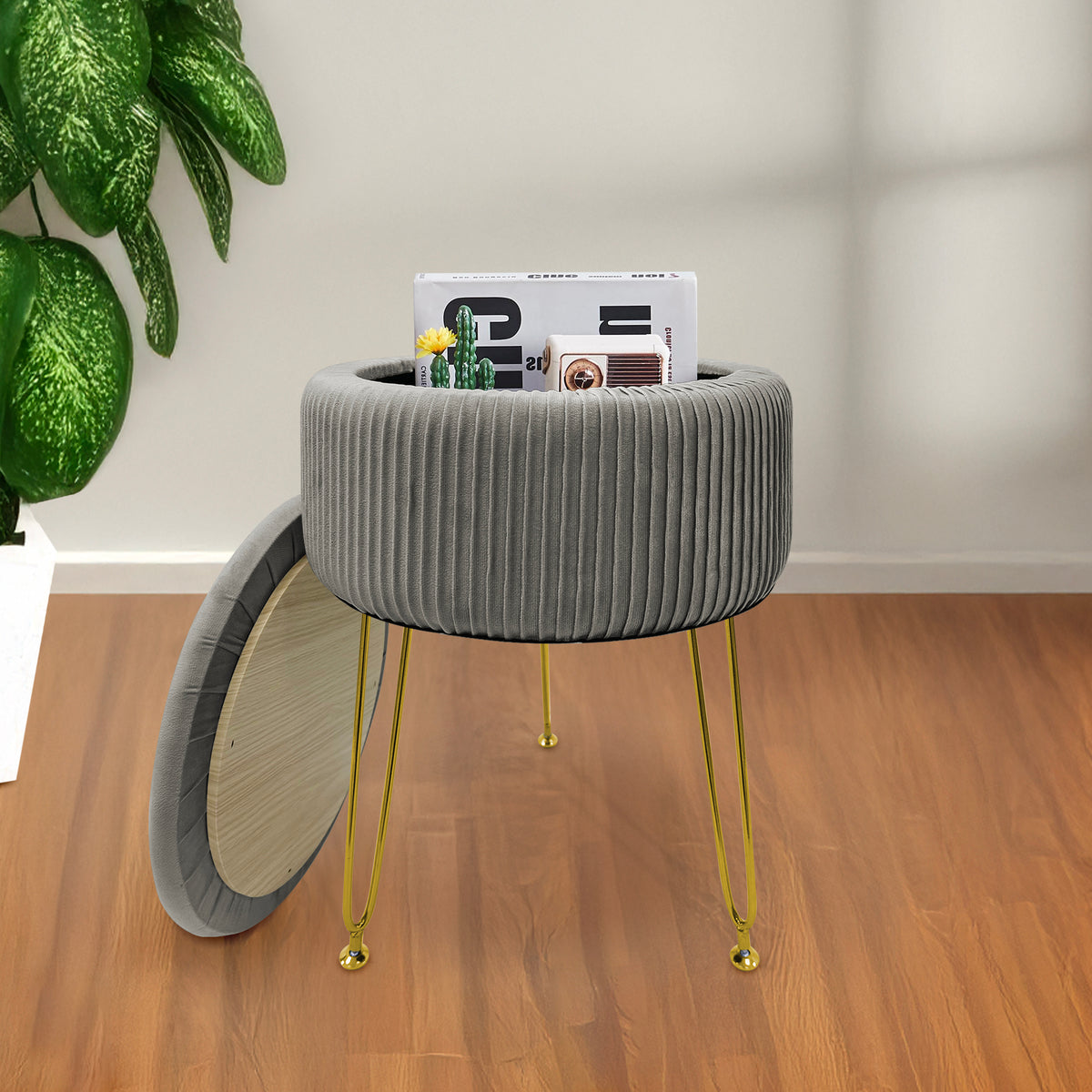Pouf Rotondo In Velluto Con Contenitore Portaoggetti Sgabello Toeletta Trucco Tavolino Caffè Ripiano Legno Salotto Poggiapiedi Con Gambe Color Oro