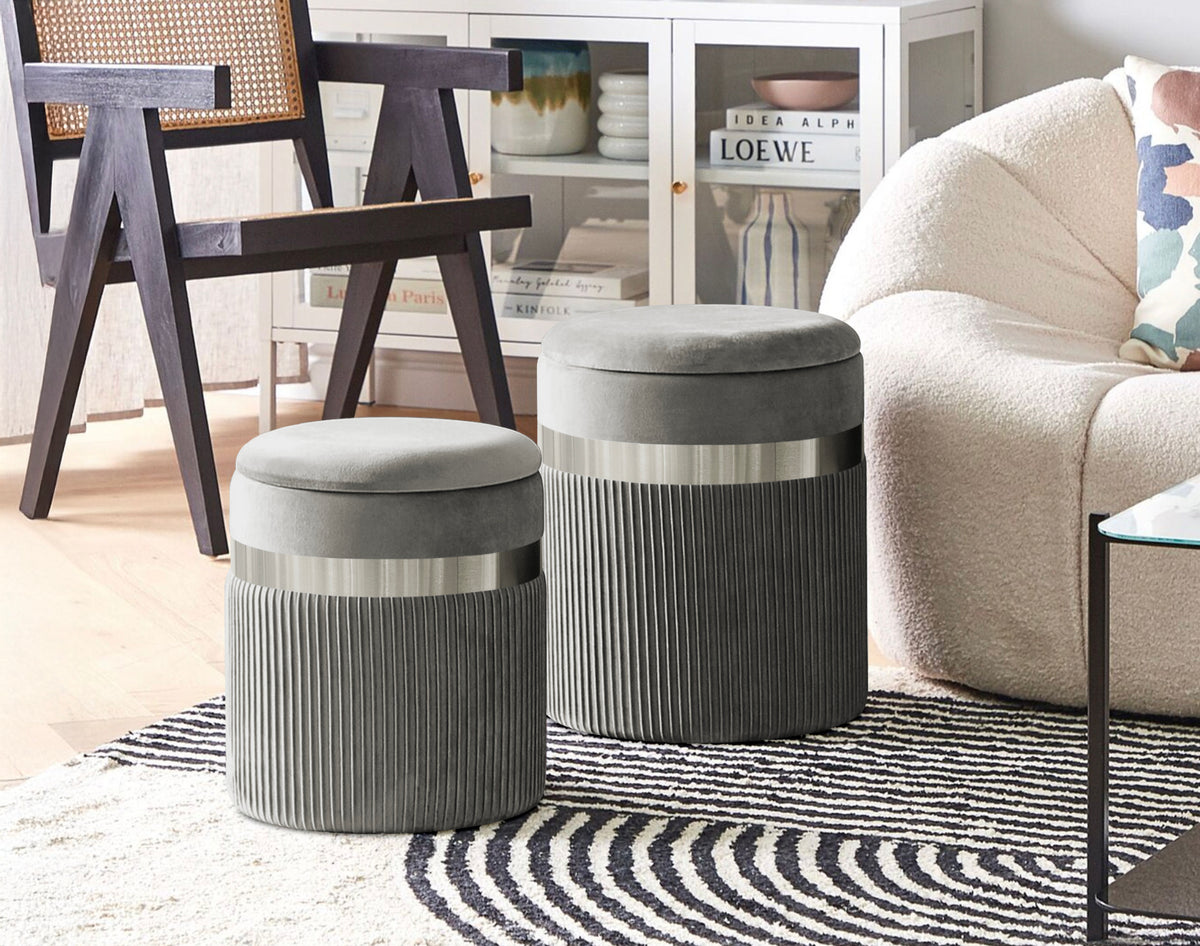 Set Di 2 Pouf Contenitori In Velluto Design Moderno Poggiapiedi,Sgabello Tondo con Coperchio Rimovibile e Seduta Imbottita Alta Densità Con Fascia In Metallo Contenitore Capiente Storage Box