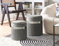 Set Di 2 Pouf Contenitori In Velluto Design Moderno Poggiapiedi,Sgabello Tondo con Coperchio Rimovibile e Seduta Imbottita Alta Densità Con Fascia In Metallo Contenitore Capiente Storage Box