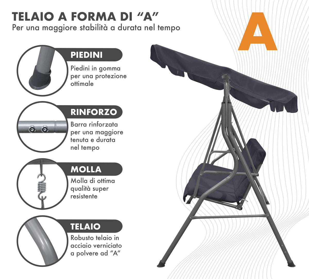 Dondolo da Giardino 3 Posti con Tetto Parasole Regolabile Reclinabile Impermeabile Struttura in Acciaio 173x109x157 Cm Tinta Unita Seduta Ammortizzata