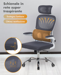 Sedia Da Ufficio Professionale Ergonomica Rete Traspirante Supporto Lombare Adattivo Poltrona Direzionale Poggiatesta Regolabile Braccioli Ribaltabili  Fino 150 Kg