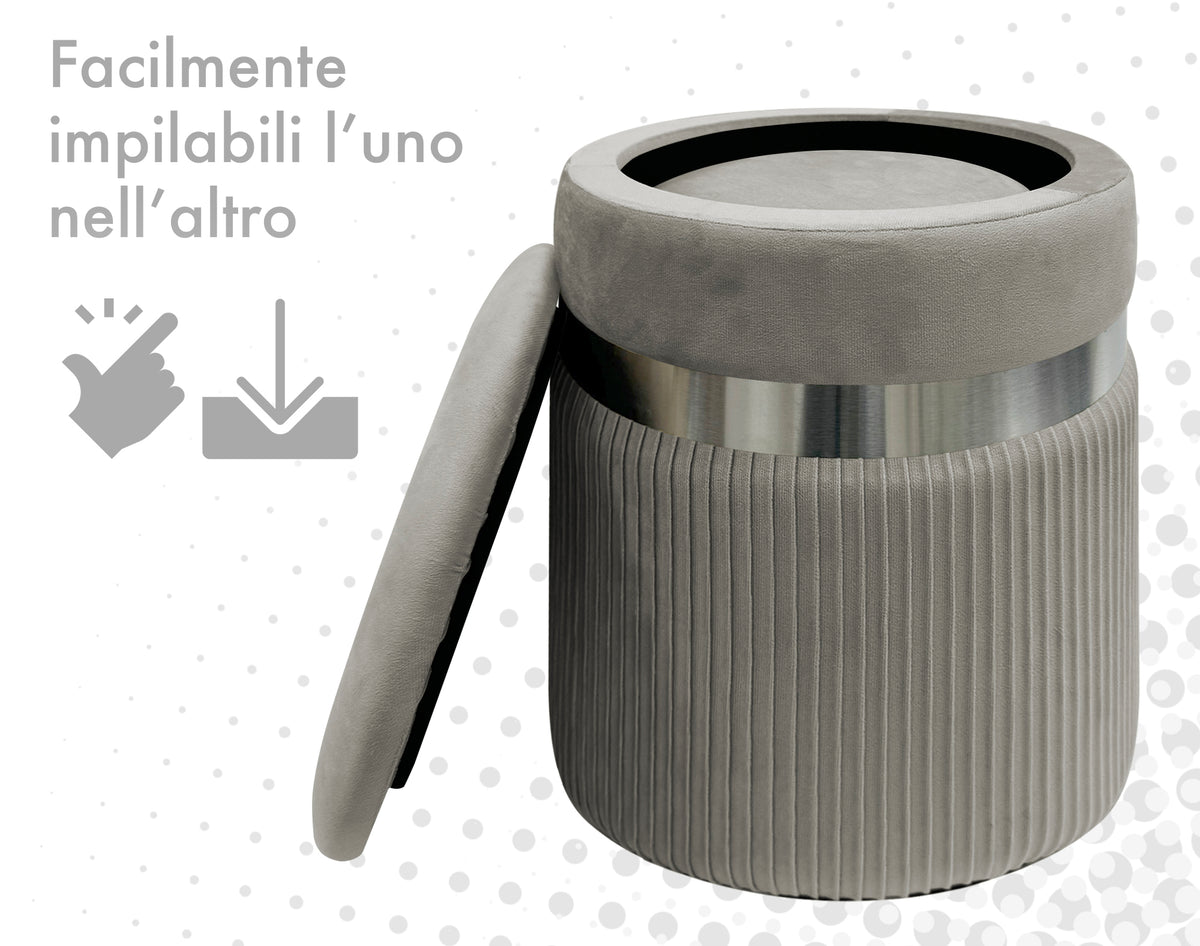 Set Di 2 Pouf Contenitori In Velluto Design Moderno Poggiapiedi,Sgabello Tondo con Coperchio Rimovibile e Seduta Imbottita Alta Densità Con Fascia In Metallo Contenitore Capiente Storage Box