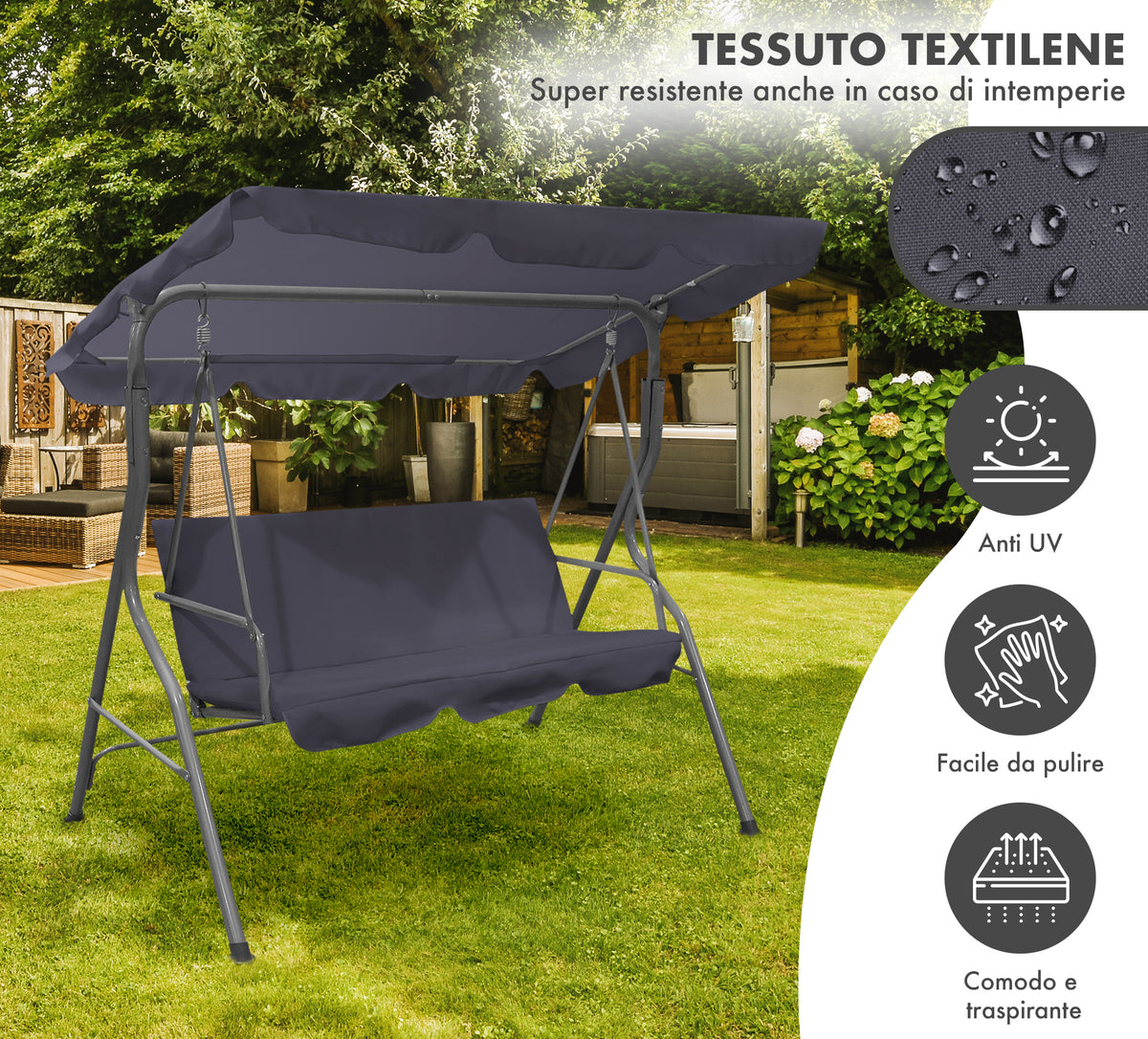 Dondolo da Giardino 3 Posti con Tetto Parasole Regolabile Reclinabile Impermeabile Struttura in Acciaio 173x109x157 Cm Tinta Unita Seduta Ammortizzata