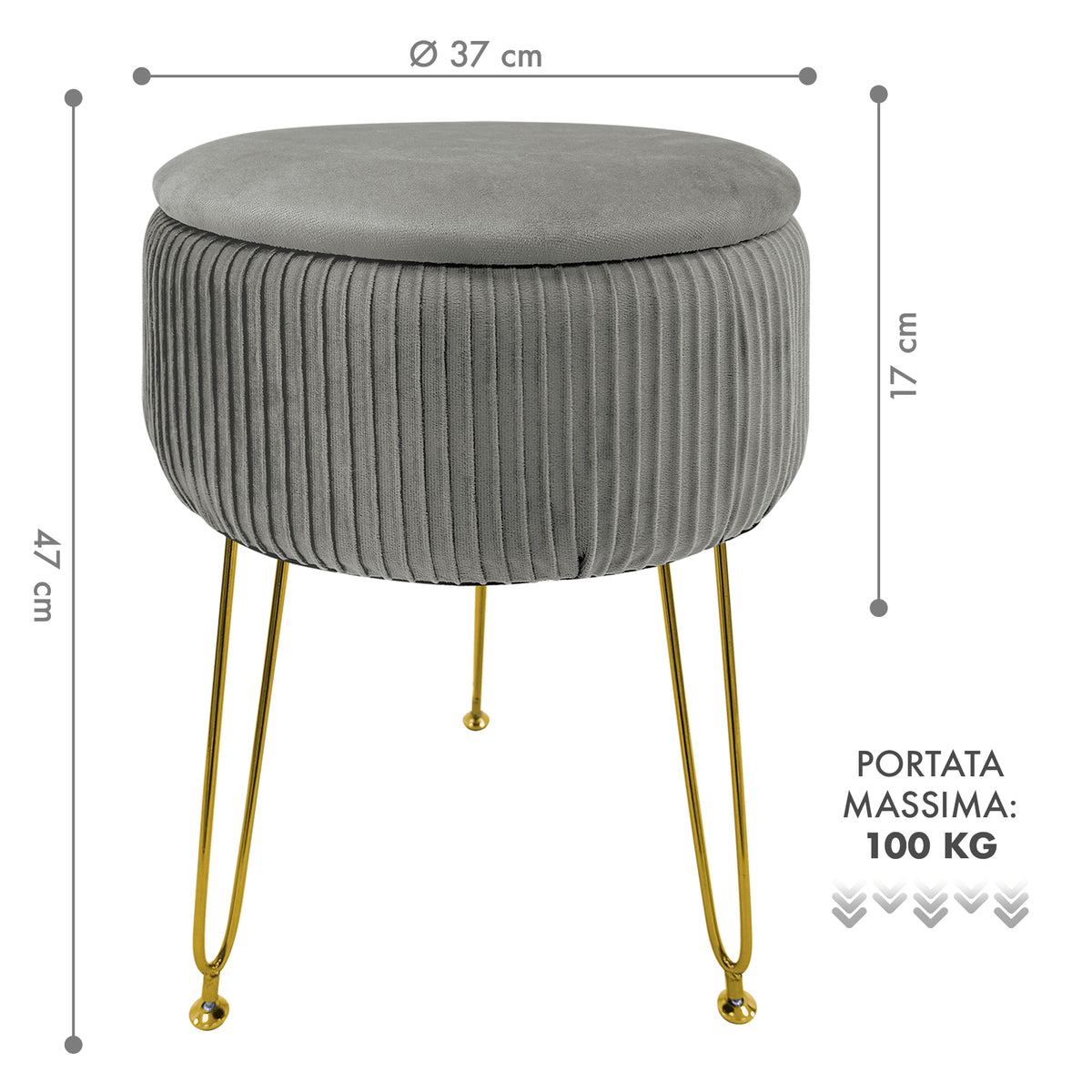 Pouf Rotondo In Velluto Con Contenitore Portaoggetti Sgabello Toeletta Trucco Tavolino Caffè Ripiano Legno Salotto Poggiapiedi Con Gambe Color Oro
