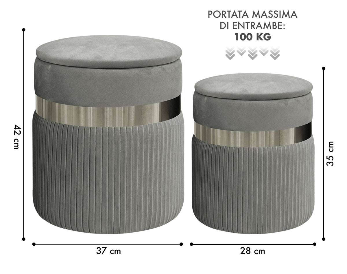 Set Di 2 Pouf Contenitori In Velluto Design Moderno Poggiapiedi,Sgabello Tondo con Coperchio Rimovibile e Seduta Imbottita Alta Densità Con Fascia In Metallo Contenitore Capiente Storage Box