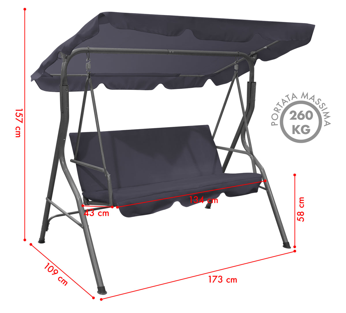Dondolo da Giardino 3 Posti con Tetto Parasole Regolabile Reclinabile Impermeabile Struttura in Acciaio 173x109x157 Cm Tinta Unita Seduta Ammortizzata