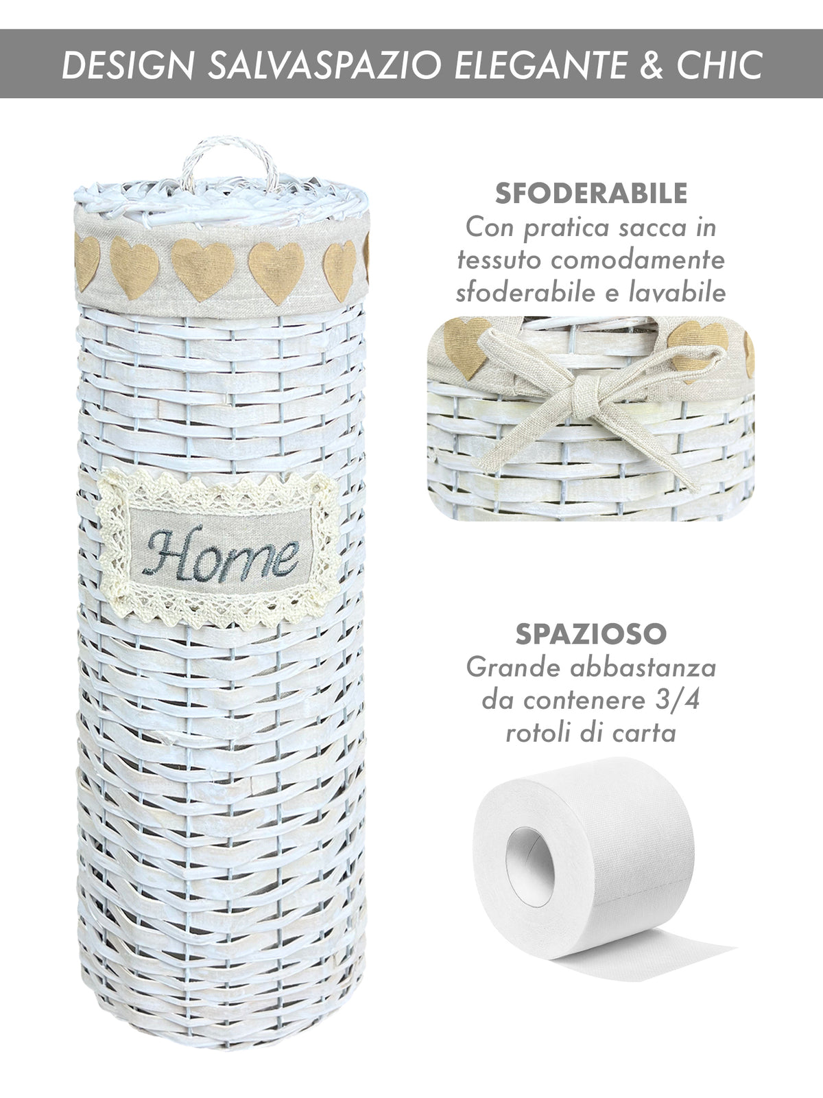 Portarotolo Carta Igienica Da Terra Con Coperchio Portacarta Struttura Robusta In Metallo Con Rivestimento In Vimini Intrecciato Fino a 4 Rotoli Elegante