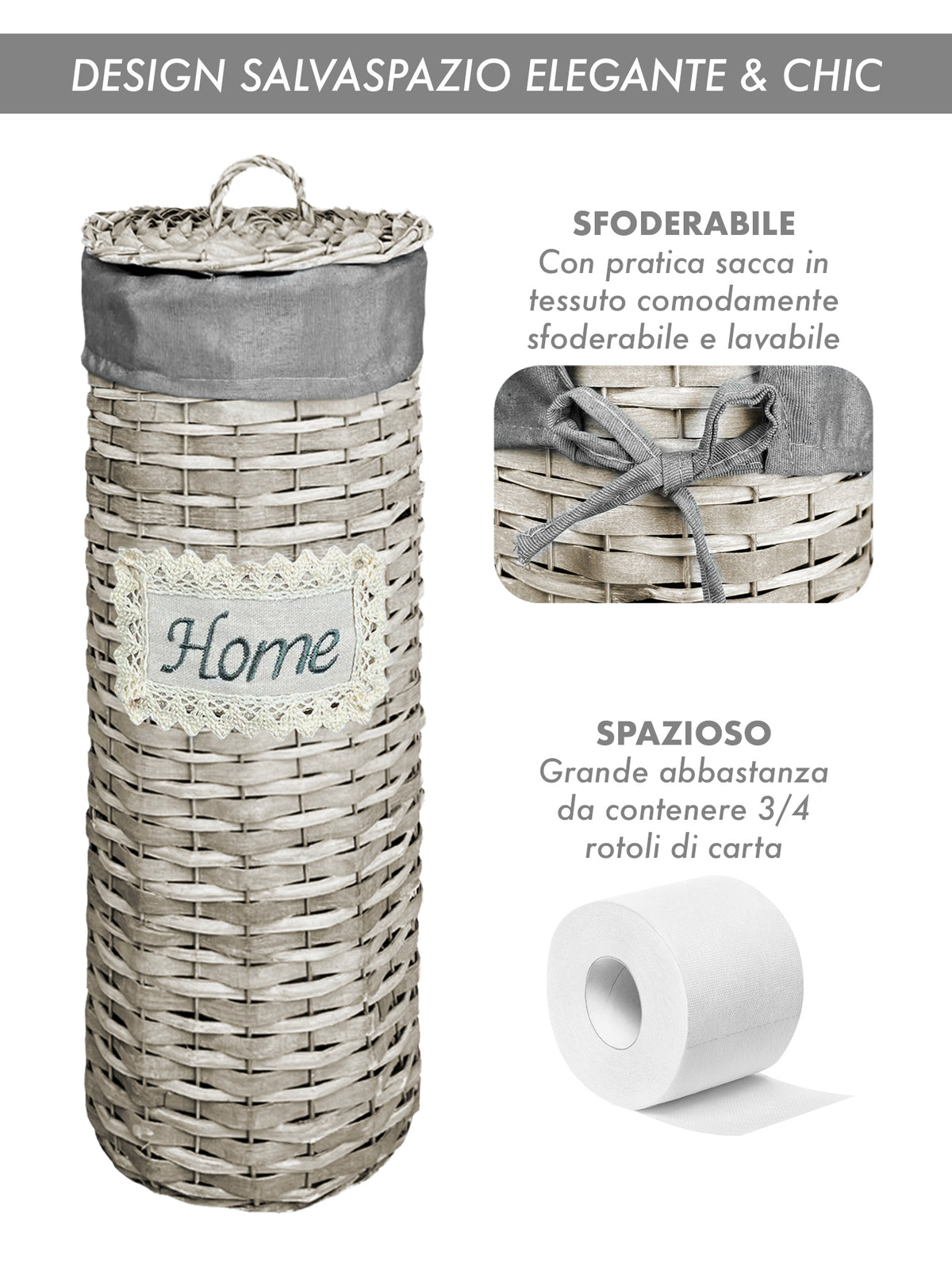 Portarotolo Carta Igienica Da Terra Con Coperchio Portacarta Struttura Robusta In Metallo Con Rivestimento In Vimini Intrecciato Fino a 4 Rotoli Elegante