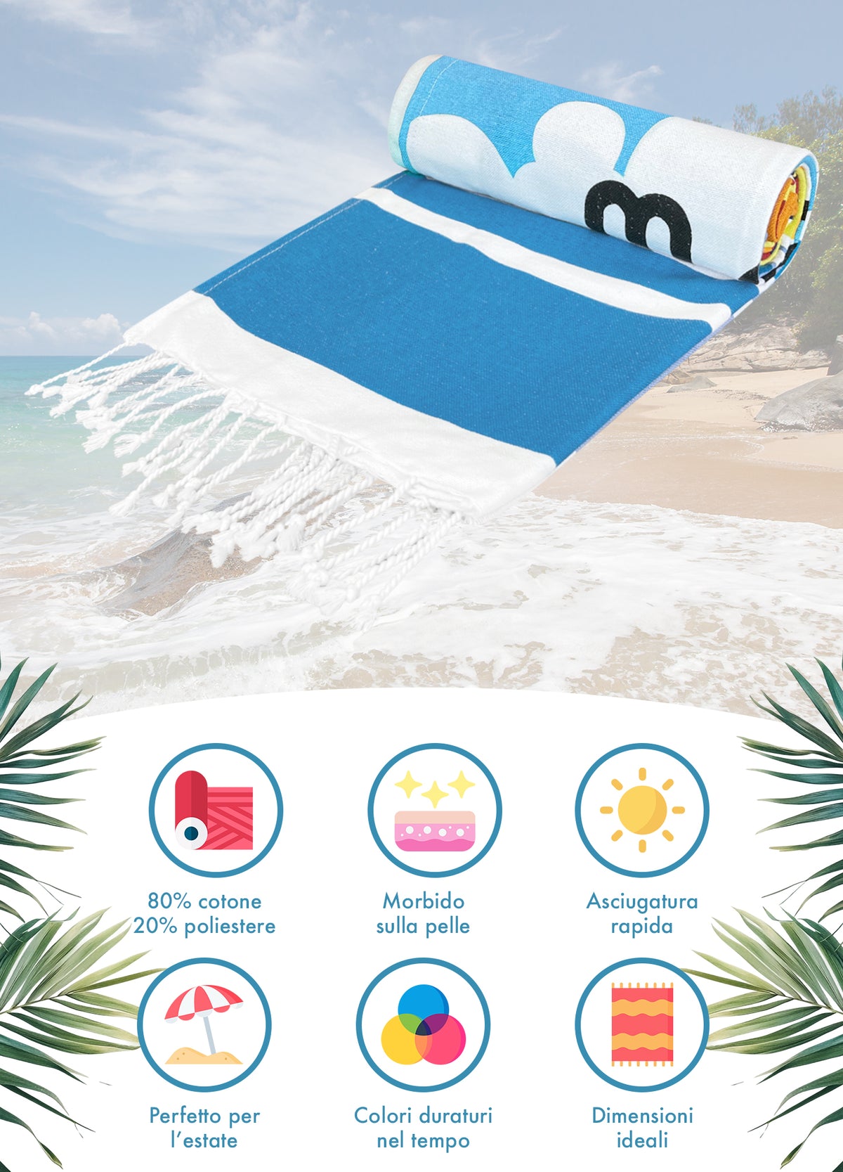 Telo Mare Con Frange Asciugamano Da Spiaggia Misura Grande 90x190 Cm Assorbente In Morbido Cotone Leggero Stampe Moderne Anti Sabbia Lettino Vacanze Piscina