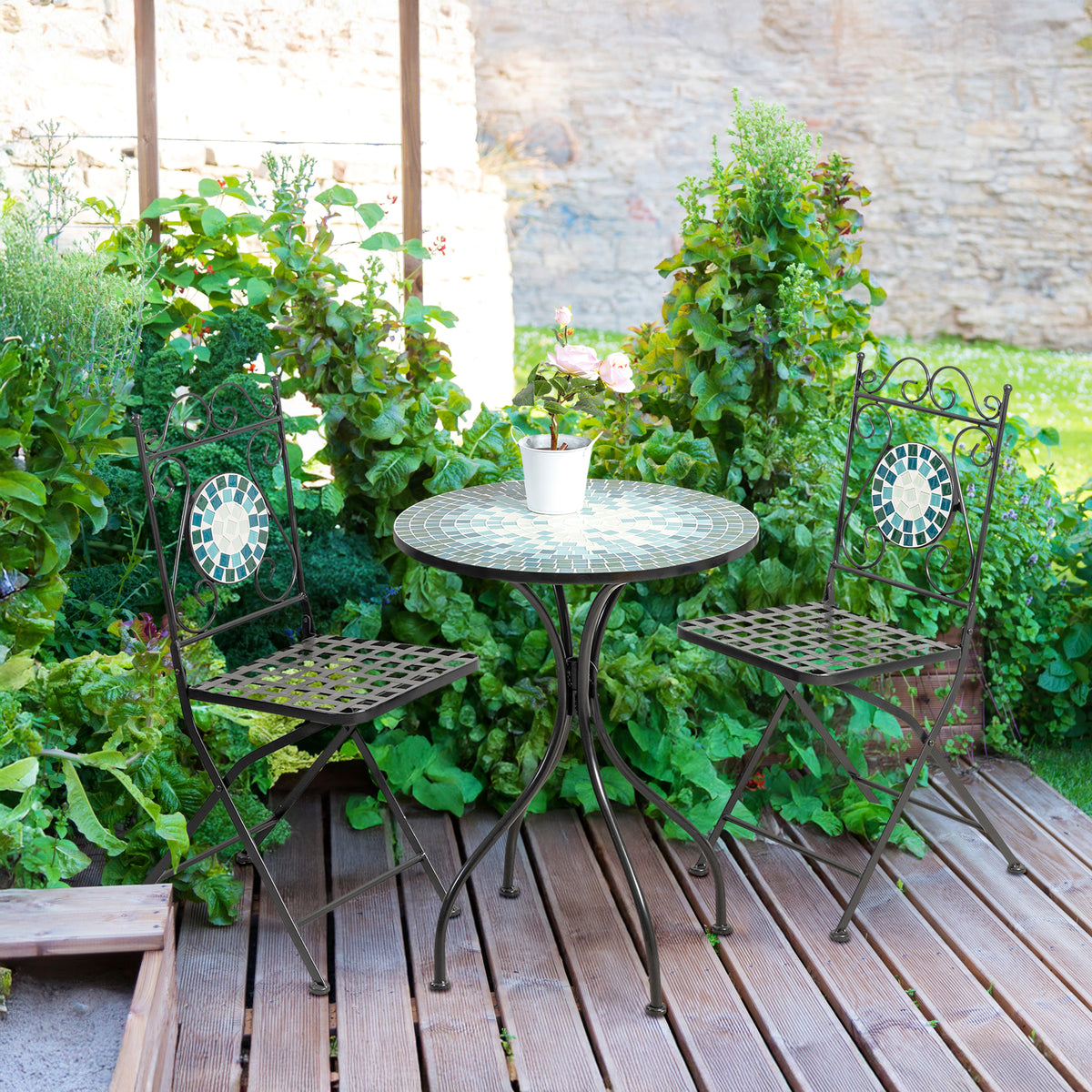 Set Bistrot Tavolino Con 2 Sedie Con Mosaico In Ceramica Per Esterno Terrazzo Giardino Pieghevoli Patio Casa,Bar,Ristoranti,Mobili Giardino