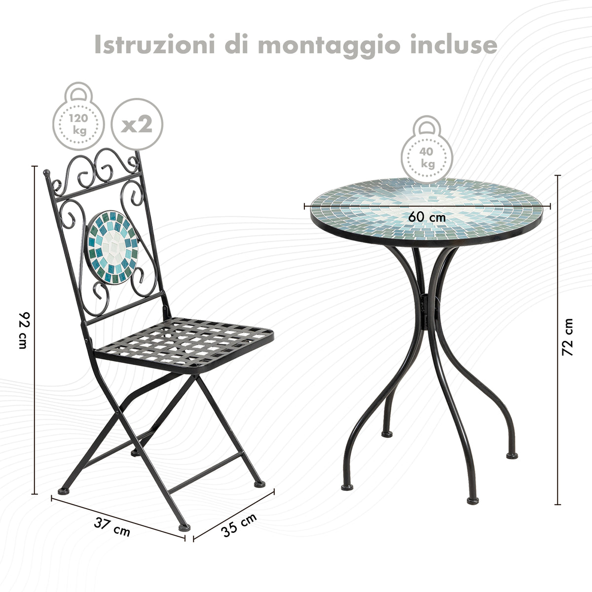 Set Bistrot Tavolino Con 2 Sedie Con Mosaico In Ceramica Per Esterno Terrazzo Giardino Pieghevoli Patio Casa,Bar,Ristoranti,Mobili Giardino