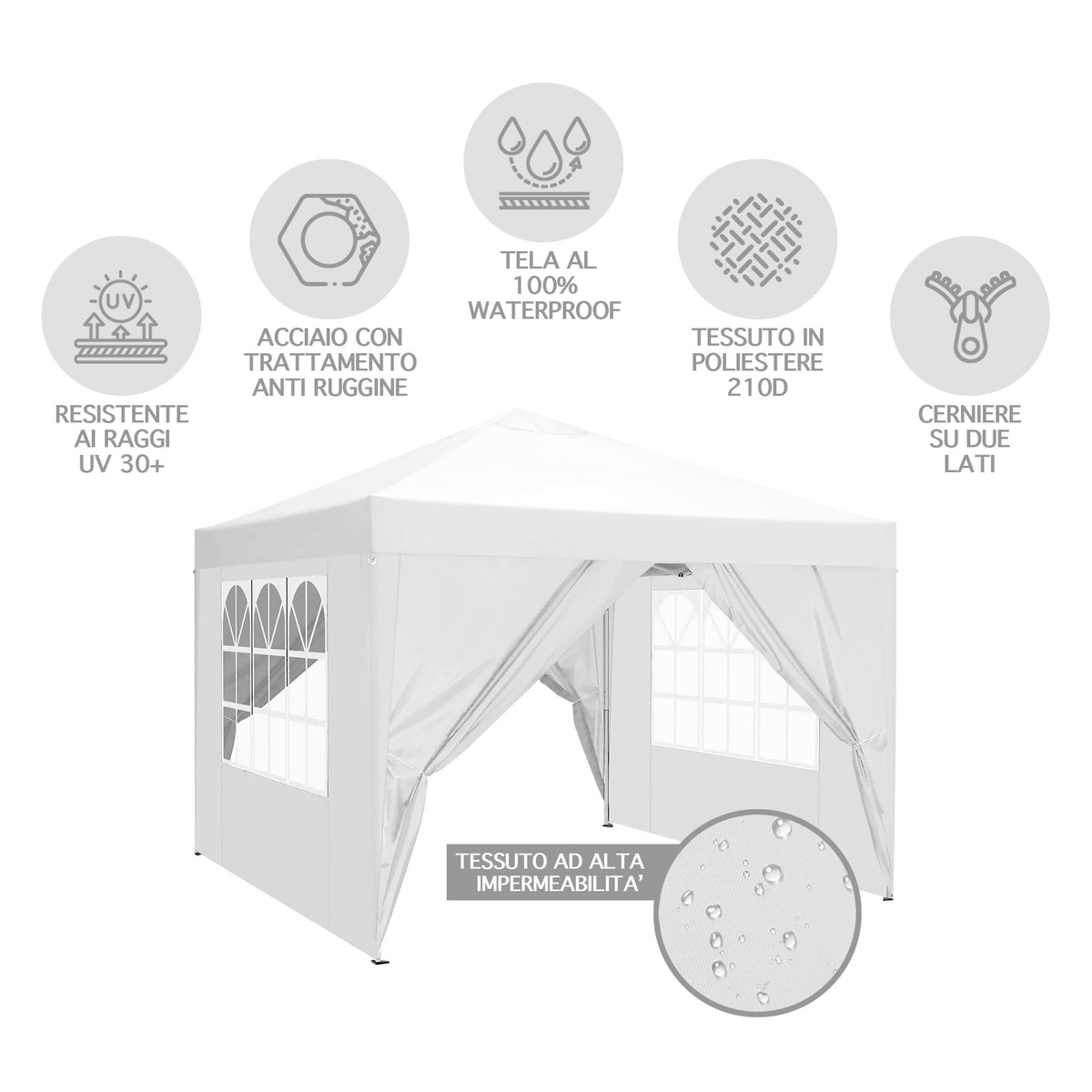 Gazebo 3 x 3 M Impermeabile Uv Resistente Con Pareti Laterali 2 Porte Con Cerniera E Finestre Pieghevole Struttura Acciaio