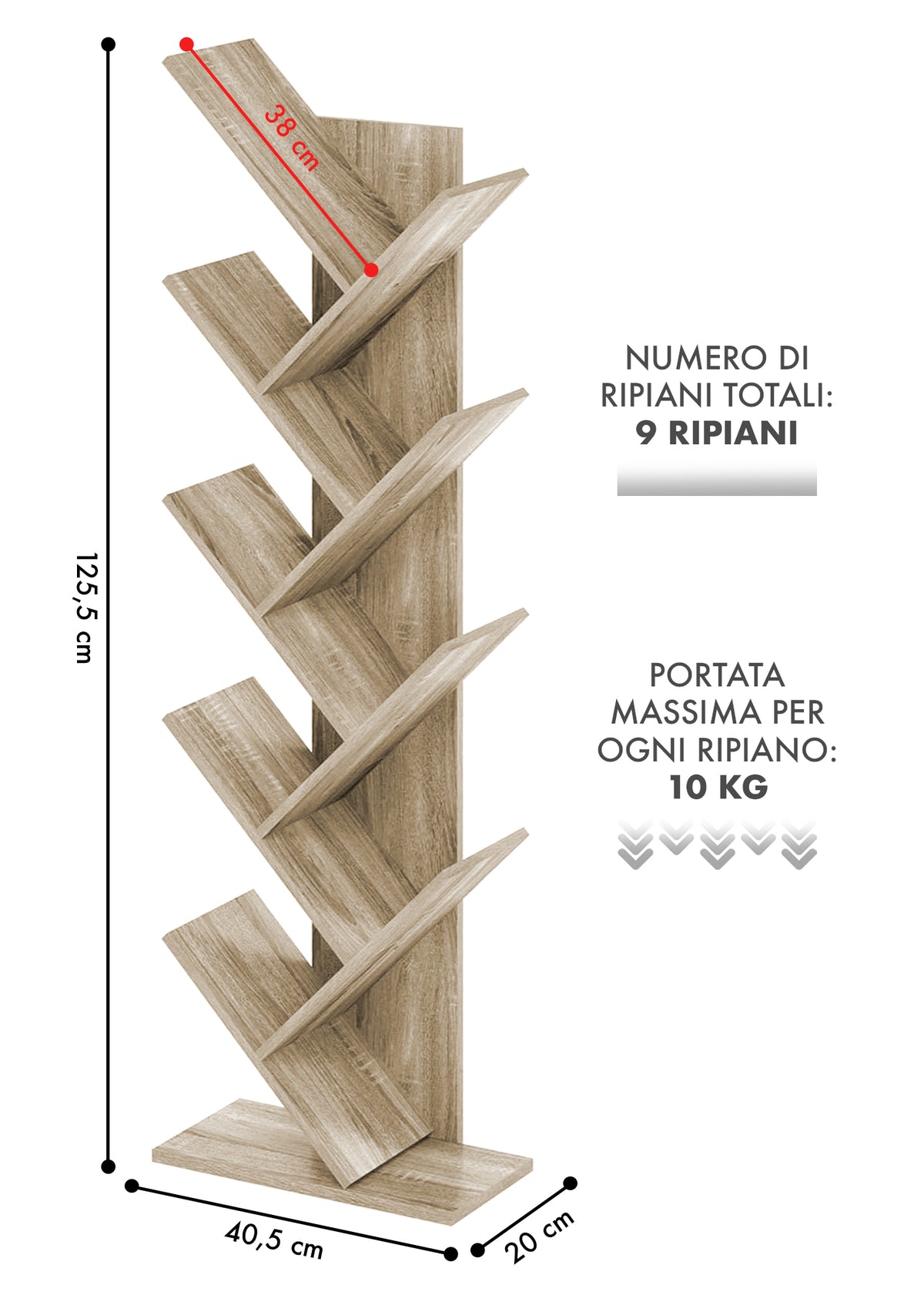 Liberia In Legno A Forma Ad Albero Scaffale 9 Ripiani Salvaspazio Verticale Camera Letto Soggiorno Studio Ufficio  Libro Mensola A Colonna Porta Libri Stile industrial Torre