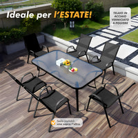 Set Tavolo Sedie Da Giardino 7 Pezzi, Tavolo Da Pranzo Terrazzo In Metallo Piano In Vetro Con Foro Ombrellone 6 Sedia Da Esterno Impilabili Con Schienale Alto,Veranda