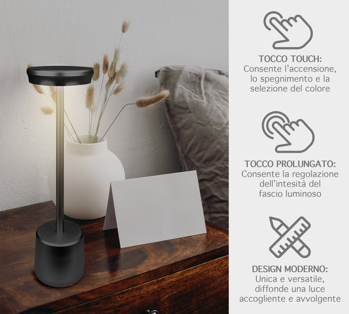 Coppia Di Lampada Da Tavolo LED Set 2 Pezzi Design Moderno Senza Fili Ricaricabile Controllo Touch Selezione Colore Intensità Dimmerabile Altezza Regolabile Con Adattatore Per Bottiglia 3000/4500/600K