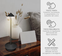 Coppia Di Lampada Da Tavolo LED Set 2 Pezzi Design Moderno Senza Fili Ricaricabile Controllo Touch Selezione Colore Intensità Dimmerabile Altezza Regolabile Con Adattatore Per Bottiglia 3000/4500/600K
