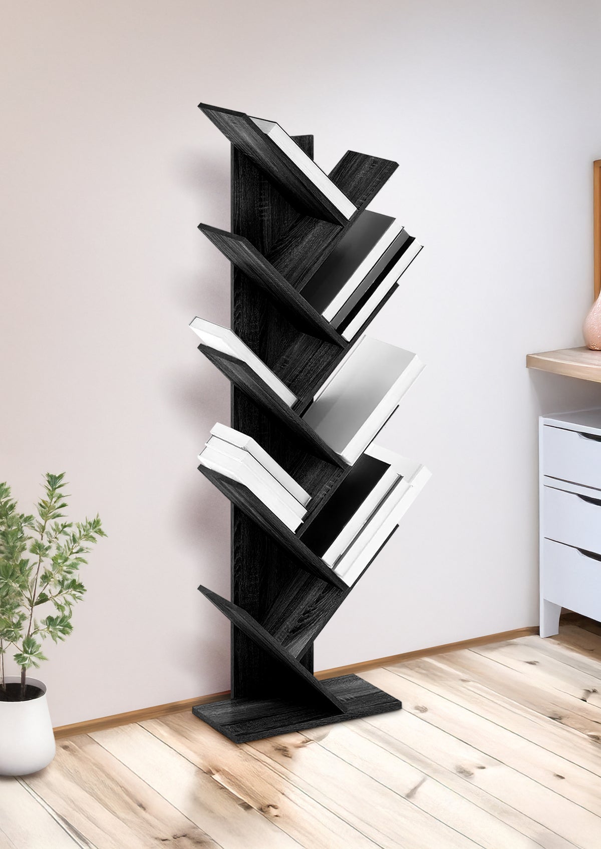 Liberia In Legno A Forma Ad Albero Scaffale 9 Ripiani Salvaspazio Verticale Camera Letto Soggiorno Studio Ufficio  Libro Mensola A Colonna Porta Libri Stile industrial Torre