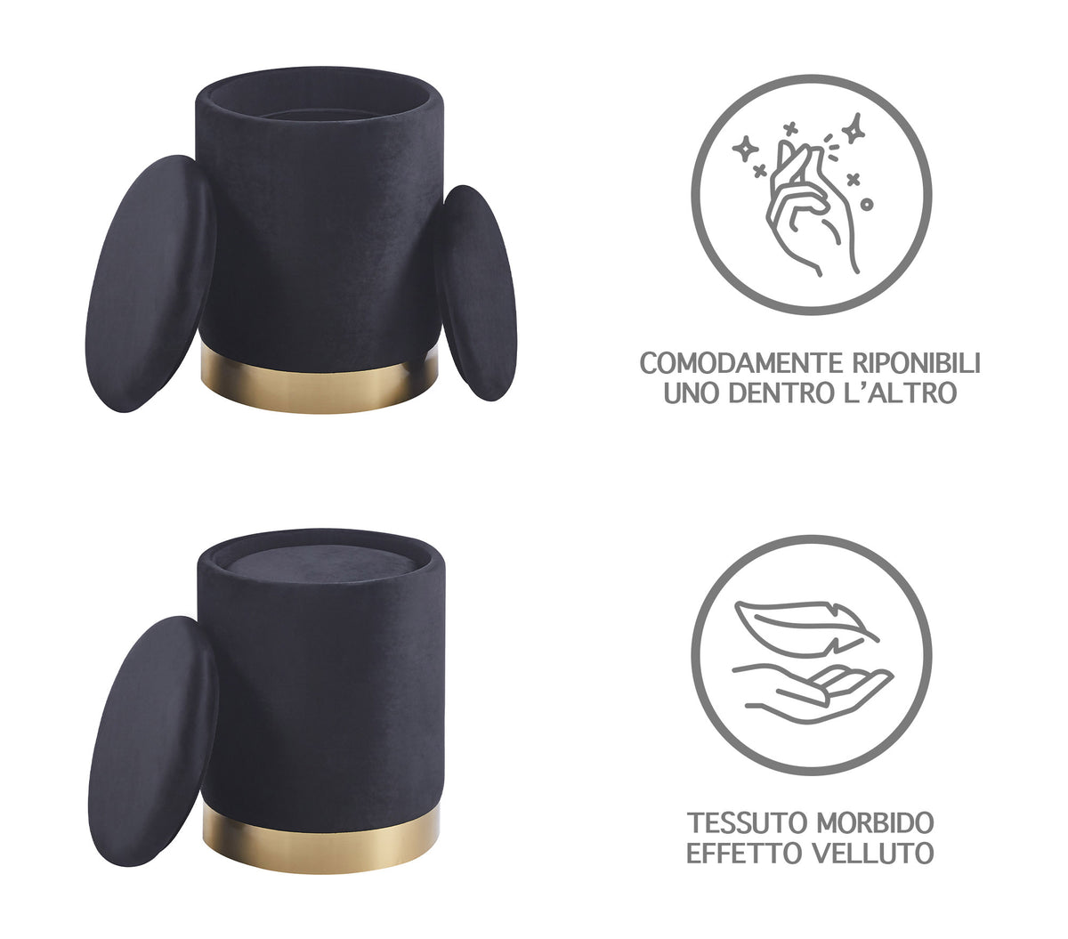 Set Di 2 Pouf Contenitori In Velluto Design Moderno Poggiapiedi,Sgabello Tondo con Coperchio Rimovibile e Seduta Imbottita Alta Densità Con Fascia In Metallo Contenitore Capiente Storage Box