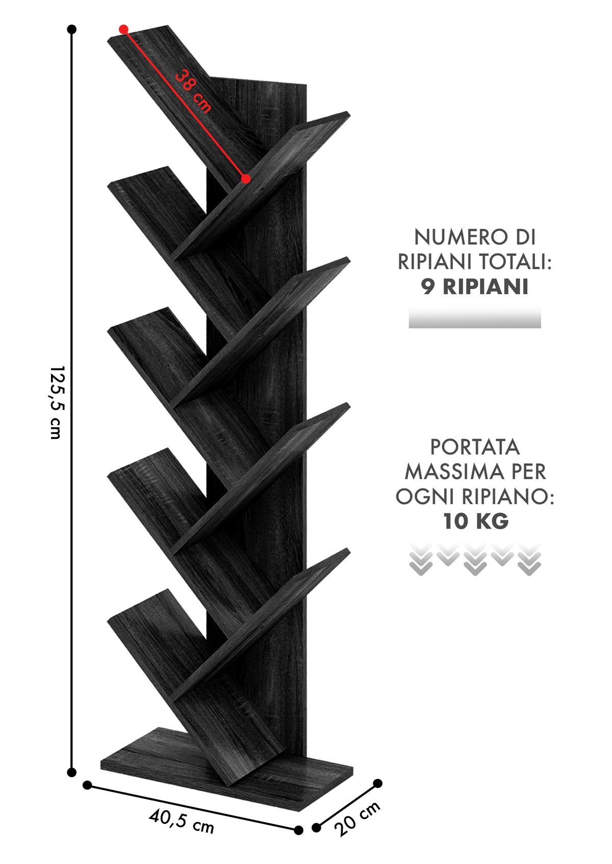 Liberia In Legno A Forma Ad Albero Scaffale 9 Ripiani Salvaspazio Verticale Camera Letto Soggiorno Studio Ufficio  Libro Mensola A Colonna Porta Libri Stile industrial Torre