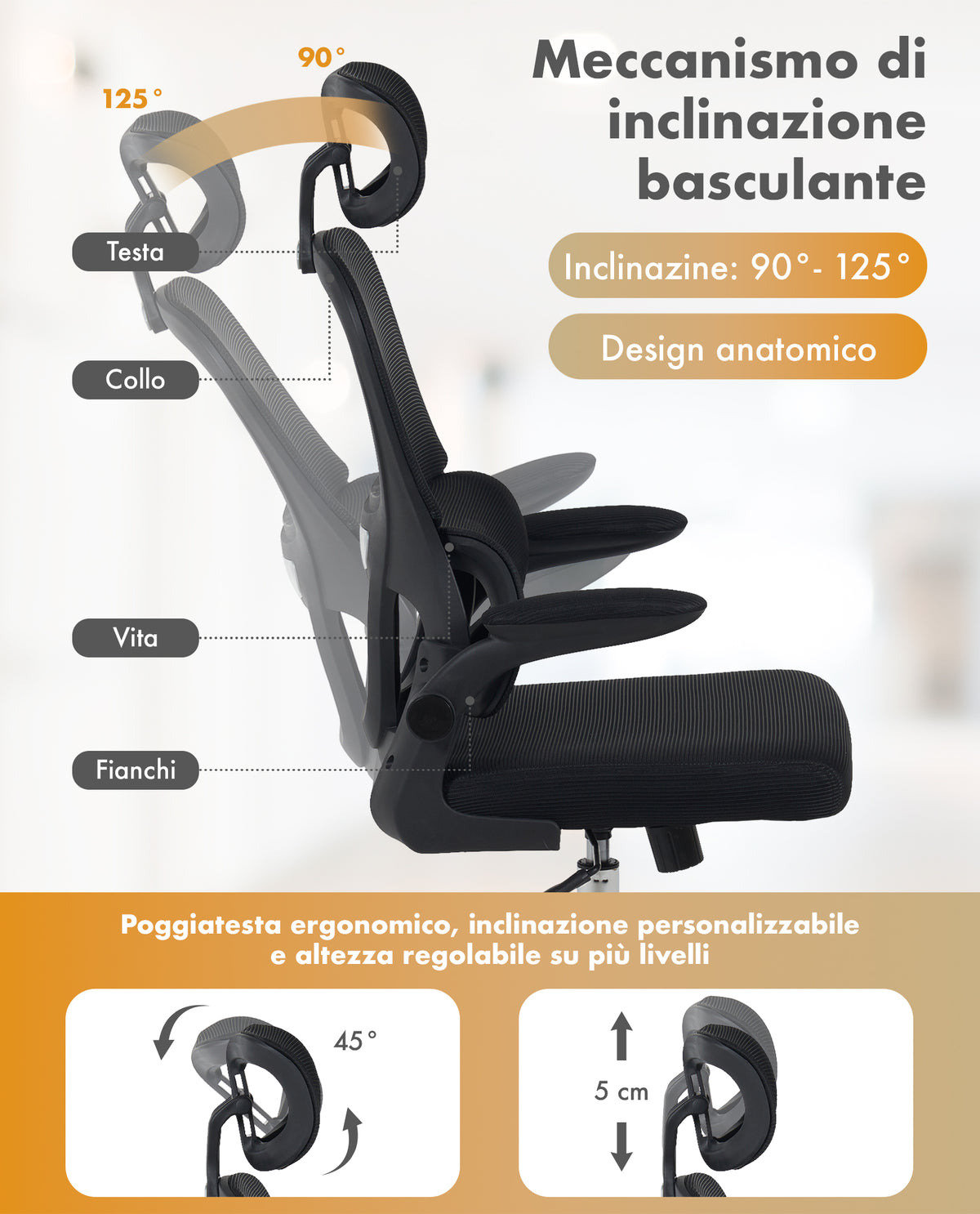 Sedia Da Ufficio Professionale Ergonomica Rete Traspirante Supporto Lombare Adattivo Poltrona Direzionale Poggiatesta Regolabile Braccioli Ribaltabili  Fino 150 Kg