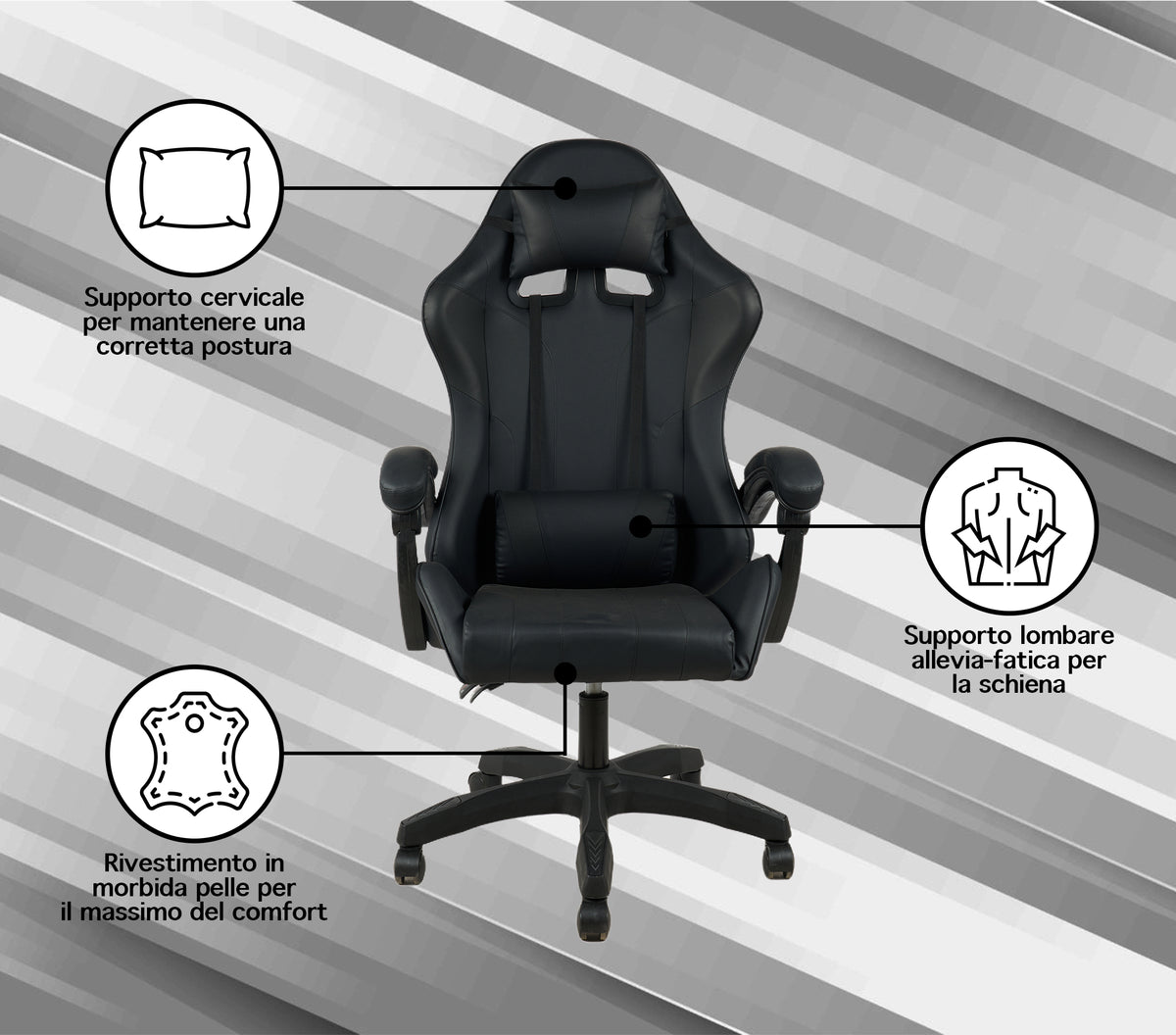 Sedia Gaming Professionale SimilPelle Reclinabile Con Braccioli Poltrona Ufficio Regolabile in Altezza Pistone Gas,Cuscino Poggiatesta E Lombare Gamer