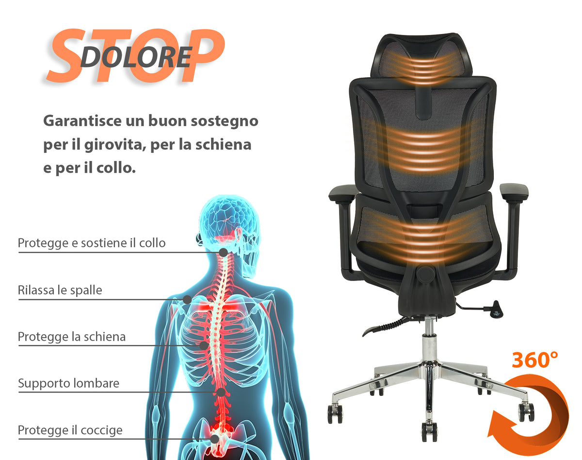 Sedia Da Ufficio Elegante Poltrona Direzionale Ergonomica Design Moderno Colore Nero Rivestimento Ecopelle Base Cromata Ruote Silenzione Seduta Scrivania Sala Riunioni Schienale Alto