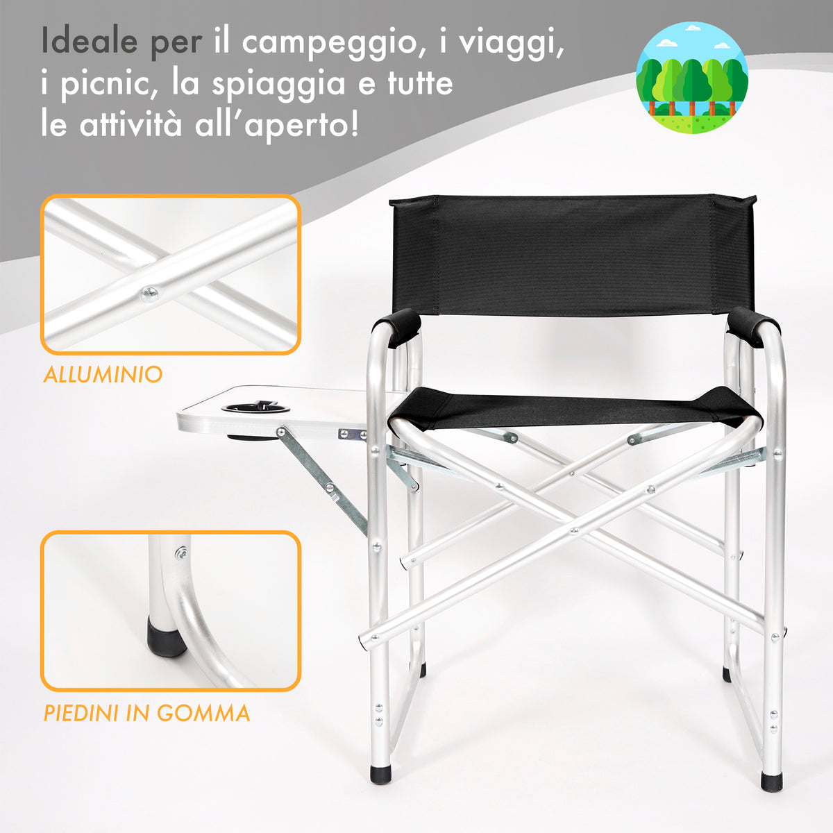 Sedia Sgabello Regista Poltrona Pieghevole in Alluminio Lavabile Leggera Lavabile con Tavolino Porta Bibite Incluso Campeggio Mare Spiaggia