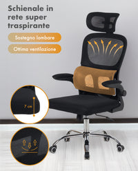 Sedia Da Ufficio Professionale Ergonomica Rete Traspirante Supporto Lombare Adattivo Poltrona Direzionale Poggiatesta Regolabile Braccioli Ribaltabili  Fino 150 Kg
